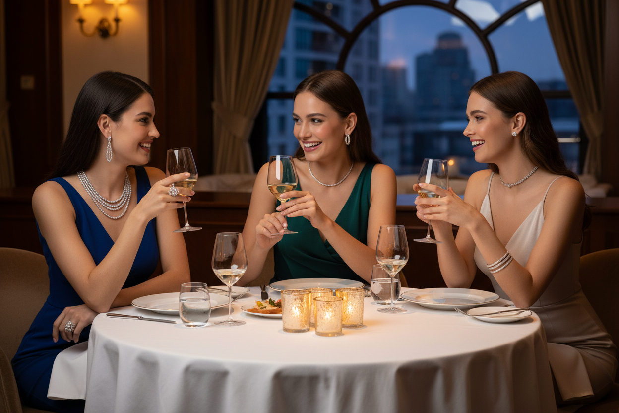 Three women at a dinner table in an elegant setting, clinking glasses.