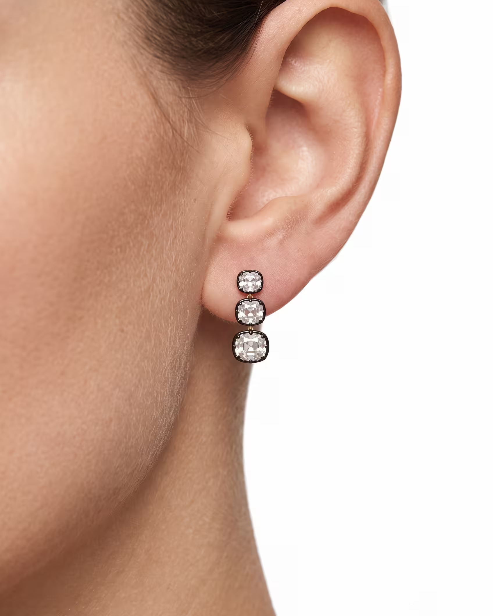 5.95ct Old Cut Elongated 3 Cushion Cut Natural Diamonds Drop Earrings