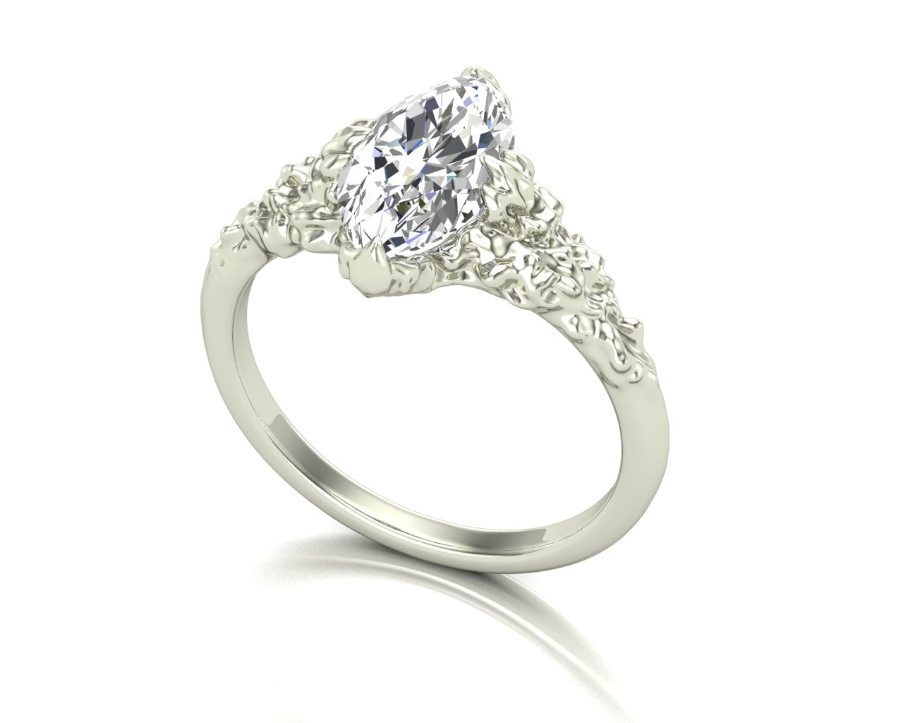 white gold and silver ring with a large diamond and smaller diamonds on the sides against a white background