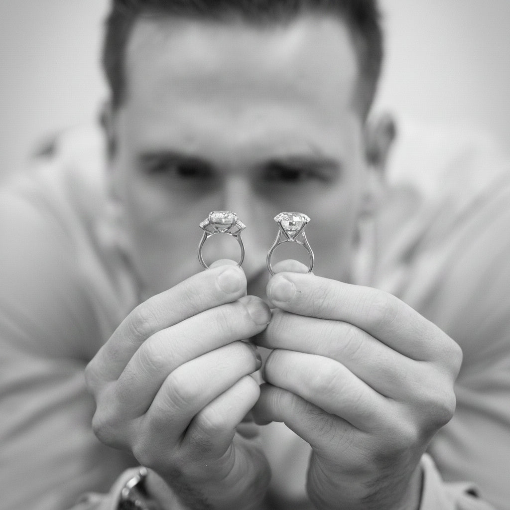 Man holding two diamond rings close to the camera with a neutral background