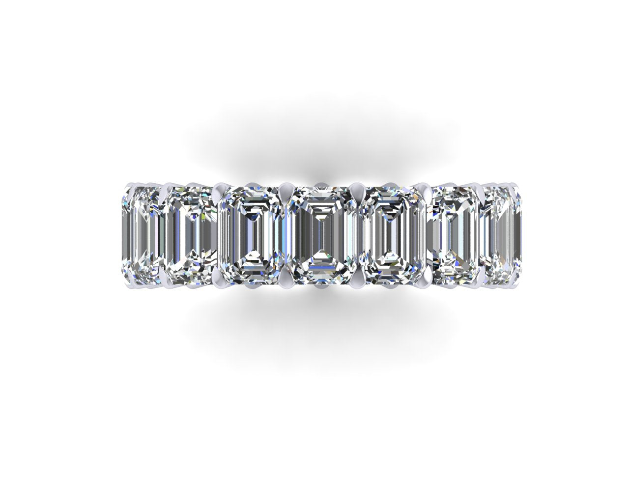 Diamond full eternity ring with emerald-cut stones on a white background