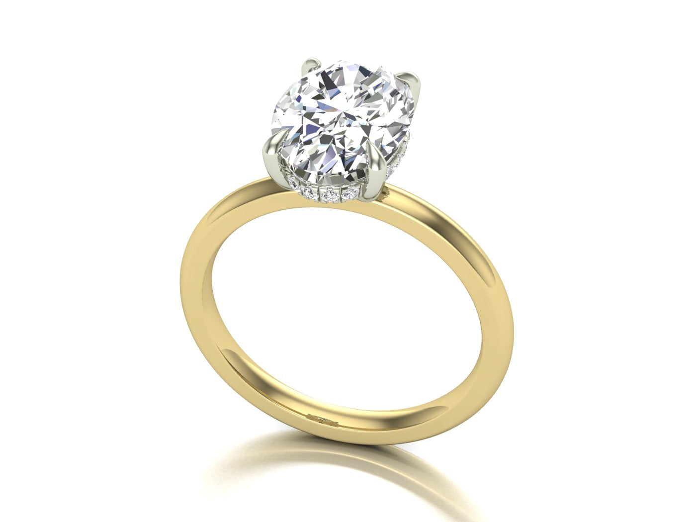 Gold ring with an oval diamond on a white background
