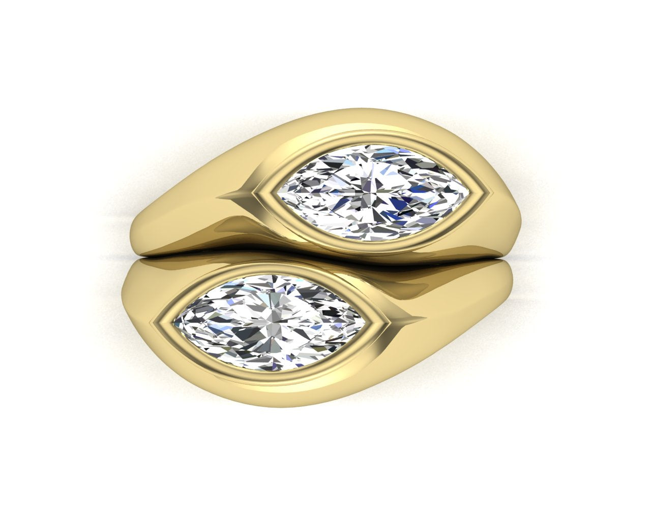 18k yellow gold ring with two marquise-shaped diamond stones on a white background