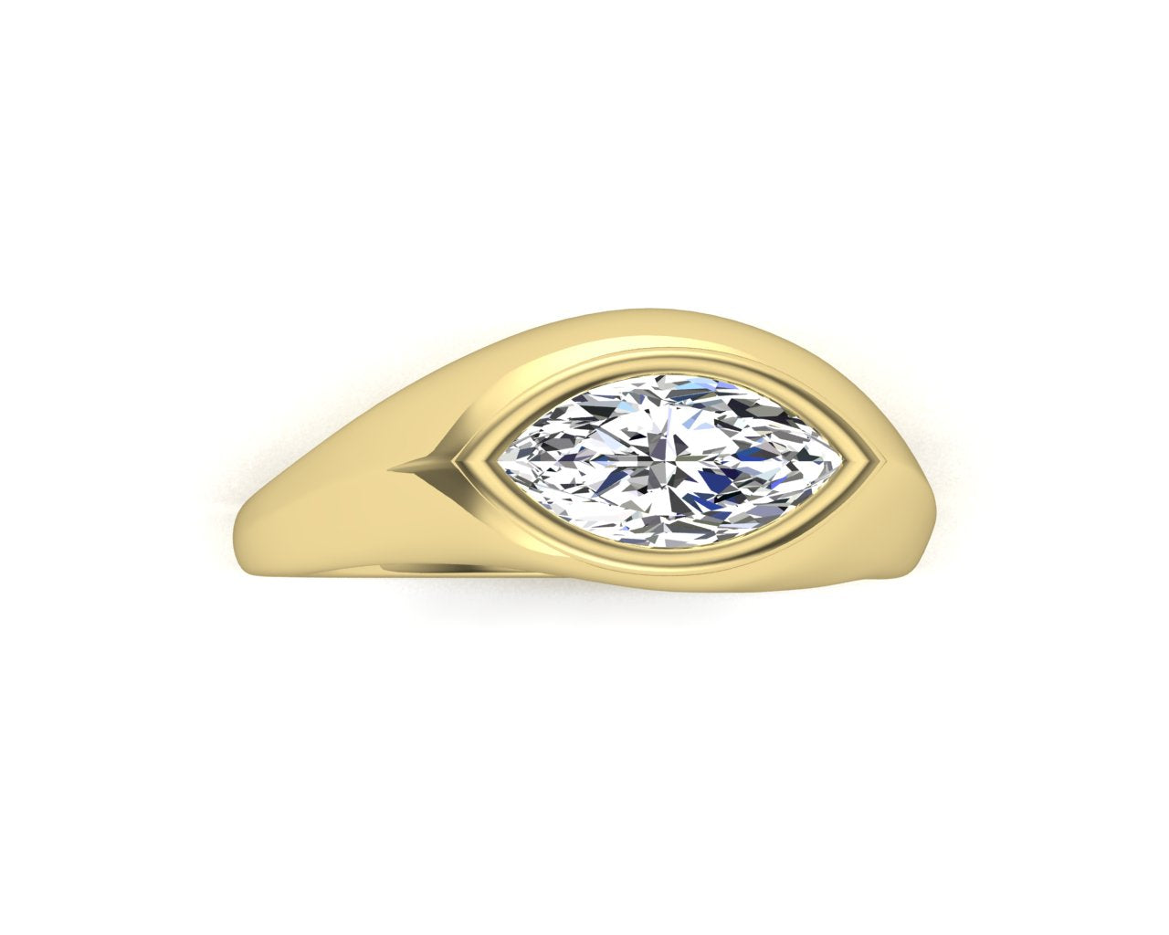 Gold ring with a marquise shaped diamond in rub over setting on a white background