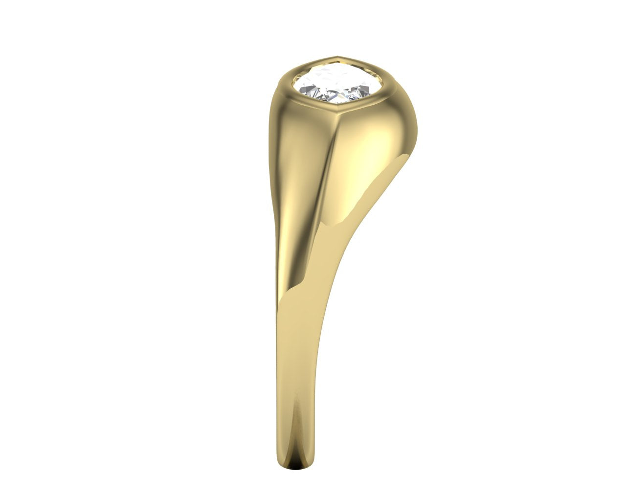 Gold diamond ring with a marquise diamond on a white background