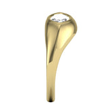 Gold diamond ring with a marquise diamond on a white background