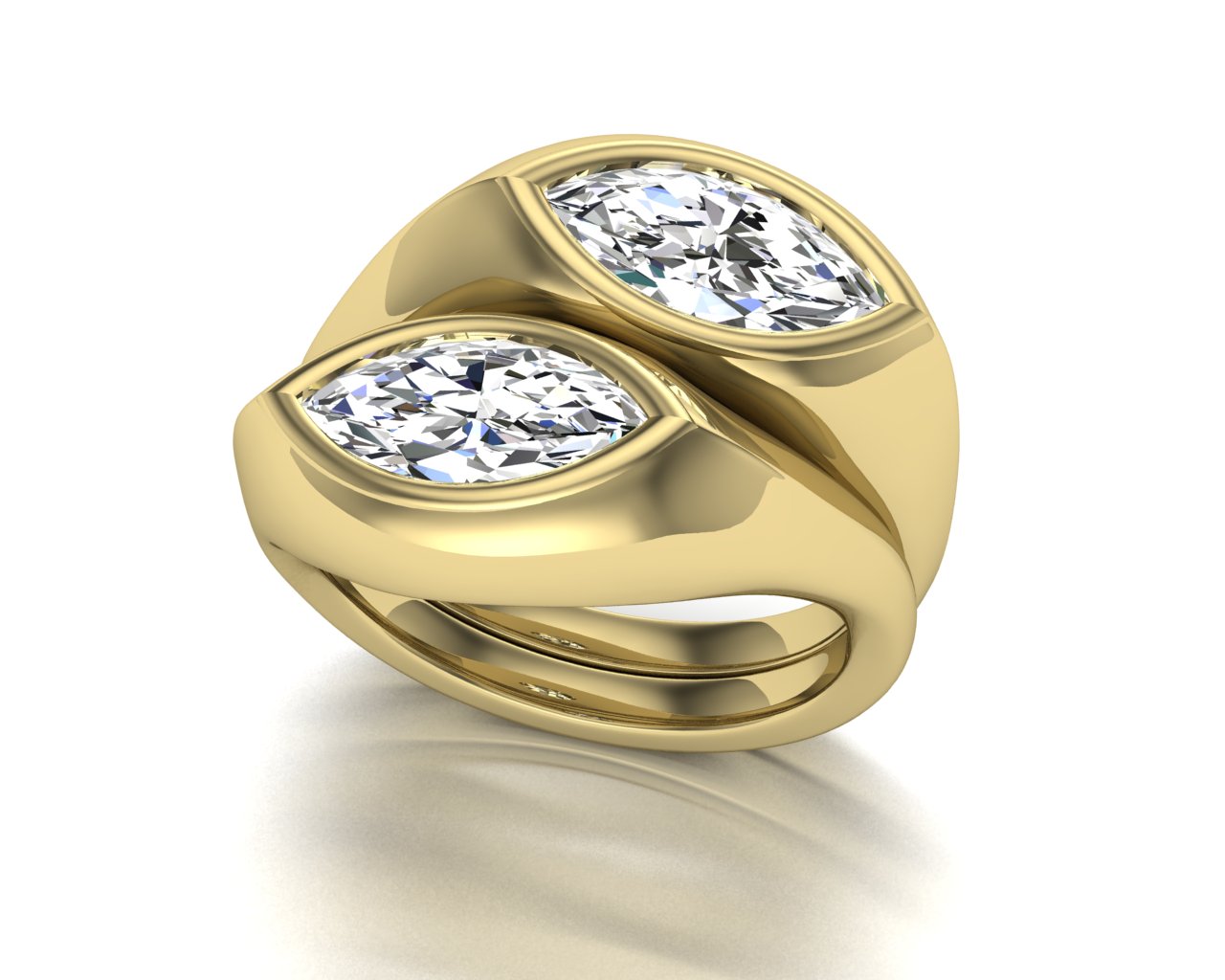 18k yellow gold ring with two large marquise diamonds set in bezel edge on a white background