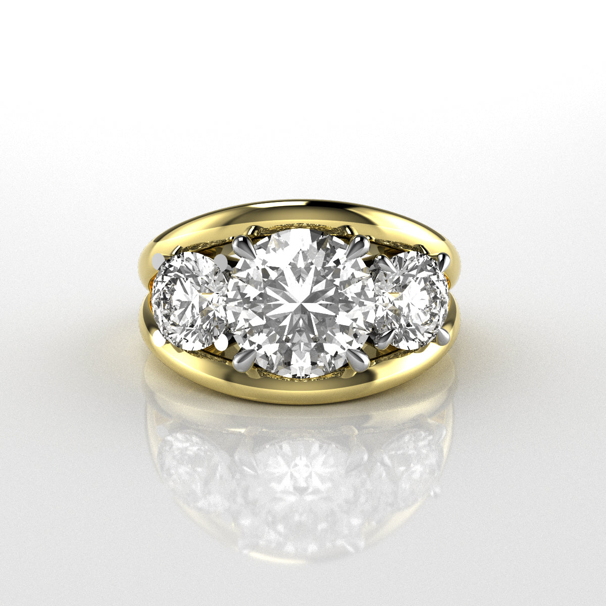 18k yellow gold ring with three round brilliant cut diamonds in claw setting with double bar style ring on a reflective surface