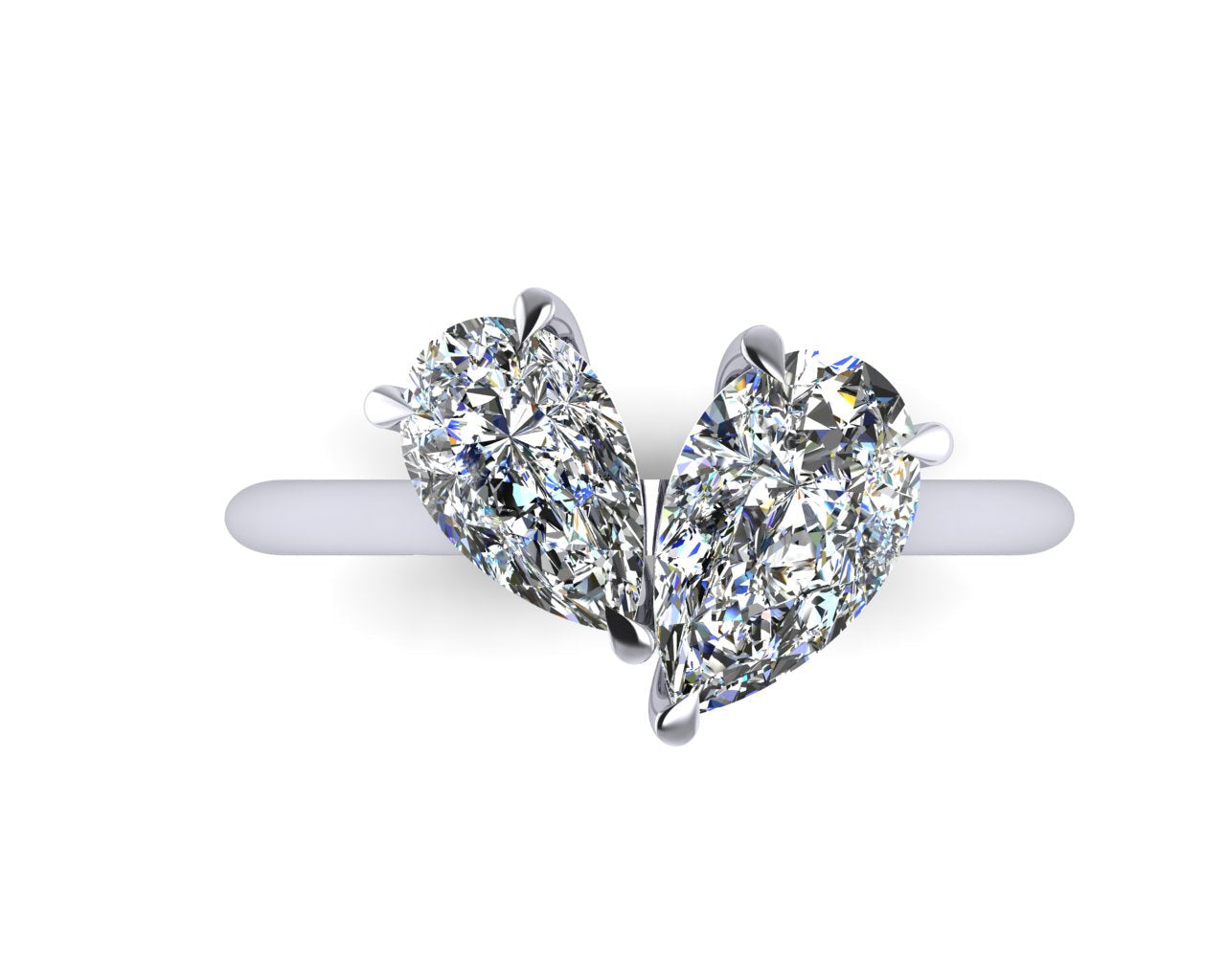 Pair of pear shaped diamond in a platinum ring on a white background