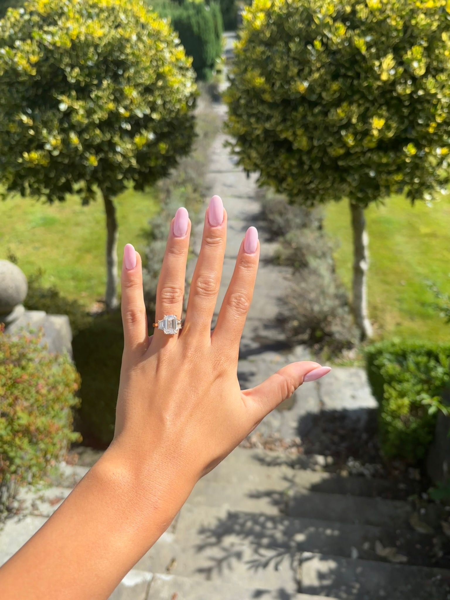 Hand with a 3 stone emerald cut diamond ring on with trees and stone path with greenery