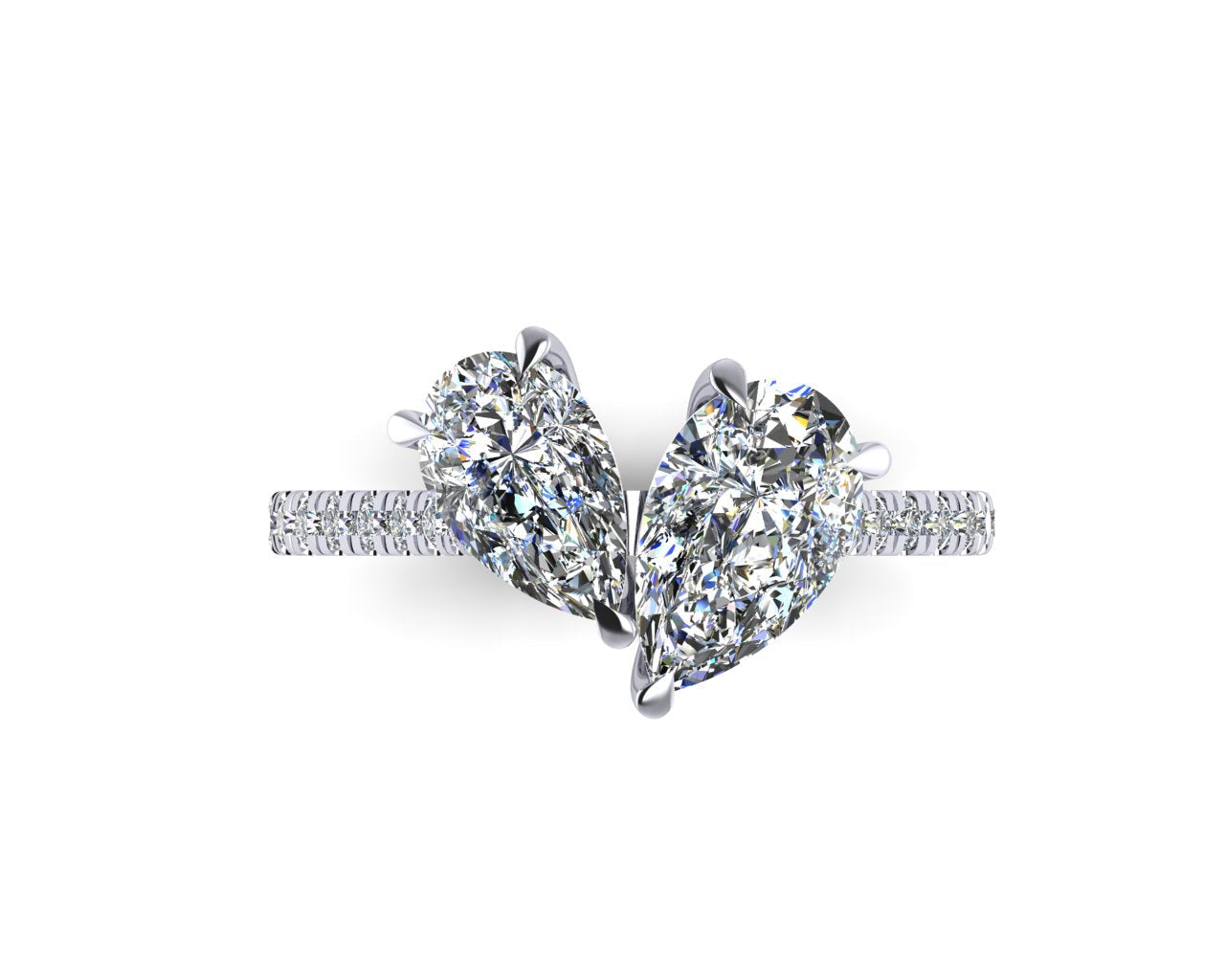 Pair of pear cut diamond on a white gold ring with diamond set pave band 