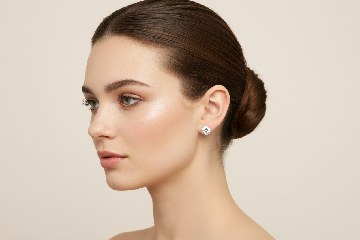 diamond earrings on a model not to big and classic studs